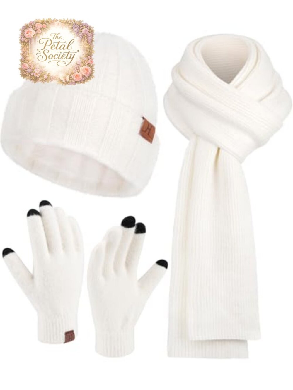 Womens Winter Beanie Hat Scarf Touchscreen Gloves 3 Piece Set Acrylic Nylon